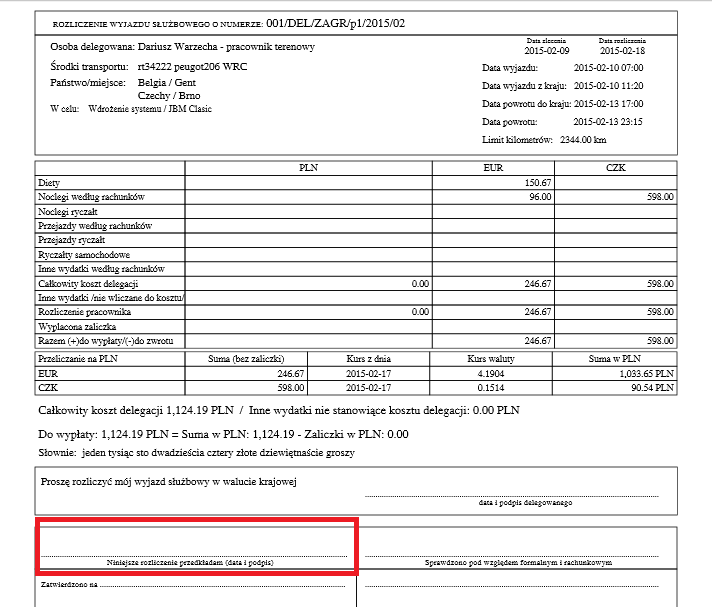 Druk rozliczenia delegacji