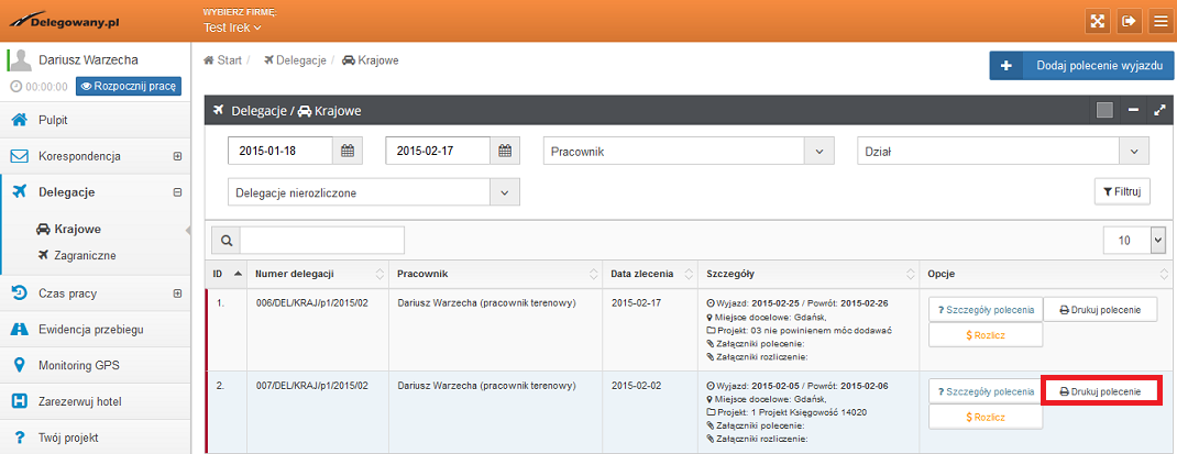 Wydruk polecenia wyjazdu służbowego